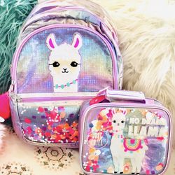 No Drama Llama Flip Sequin Shaky Backpack and lunch box. New with tags. Girls love them! Backpack 12" W x 5" L x 17" H. lunch box 10" W x 3.5" L x 8" 