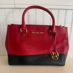 Michael Kors Sutton Medium Satchel Bag in a red and black color-block