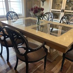 REDUCED!!!!!Ornate Table with 6 Black Distressed Accent Chairs 
