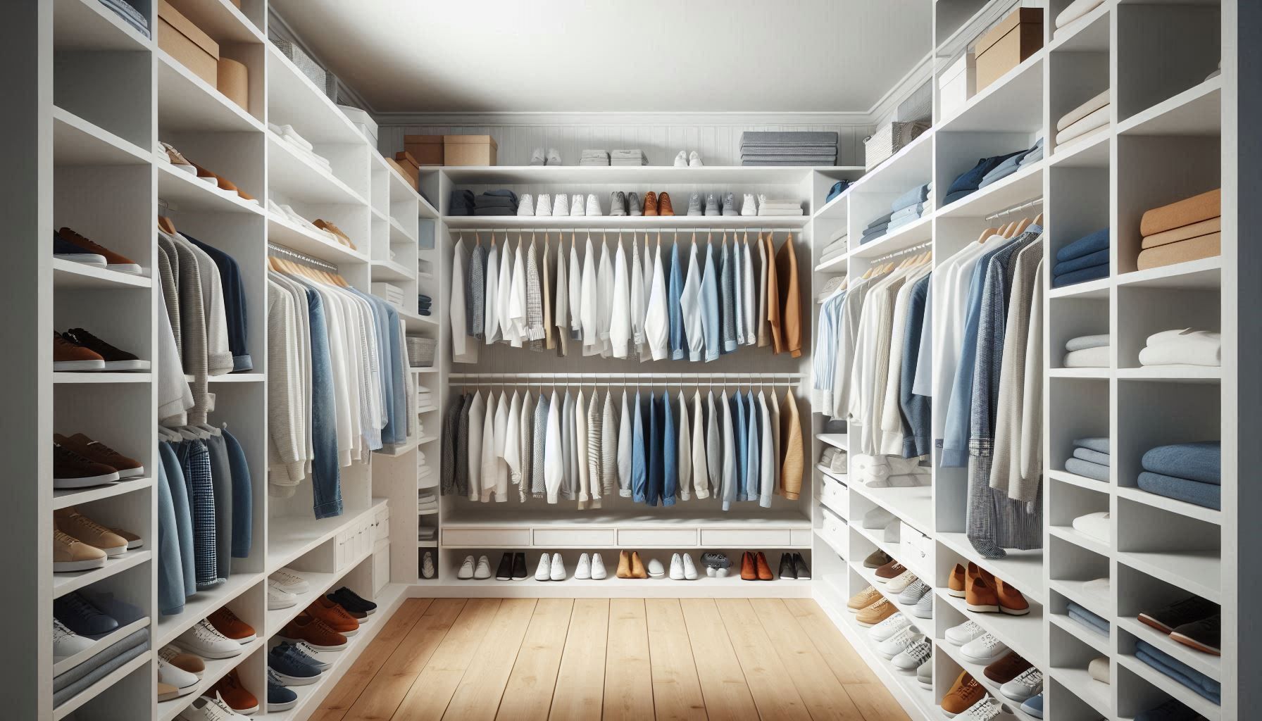 Master Walk in White Closet with Double Top Shelf. Everything is Adjustable.