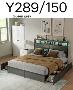 Y289🔥Queen Bed Frame with Storage Headboard and 4 Drawers, Metal Platform Bed Frame with LED Light, Charging Station, No Box Spring Needed, Noise Fre
