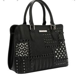 Handbag:   Smooth vegan leather exterior Structured, rolled dual top handles (5" drop) with Nicole Lee authentic circle charm 3 compartments: Side sli