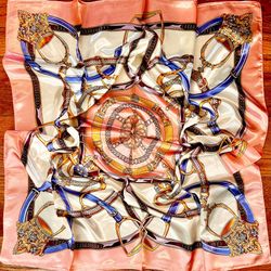 Vintage Equestrian PINK PEACH Royal Crown print oversized silky Scarf 35/35