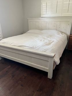 Hand made King White Wash Wood Bed Frame with Headboard