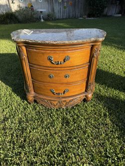 Vintage Solid Mahogany Carved Wood Black Marble Top Chest of Drawers