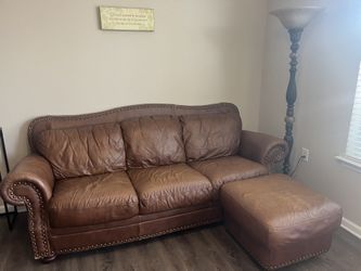 Leather Couch W/ Ottoman + Floor Lamp