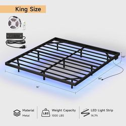 King Size Floating Bed Frame with USB Charging Station and Smart LED Lights, Heavy Duty Metal Platform Bed with Underbed Storage Space, Easy to Assemb