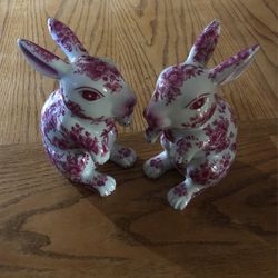 Red and White Porcelain Rabbit Chinese Statue Set