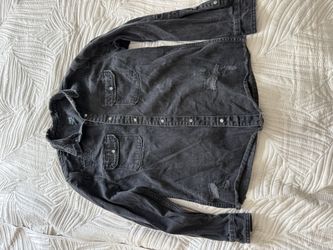 Zara Distressed Black Denim Shirt Jacket Relaxed Fit Snap Button Size L