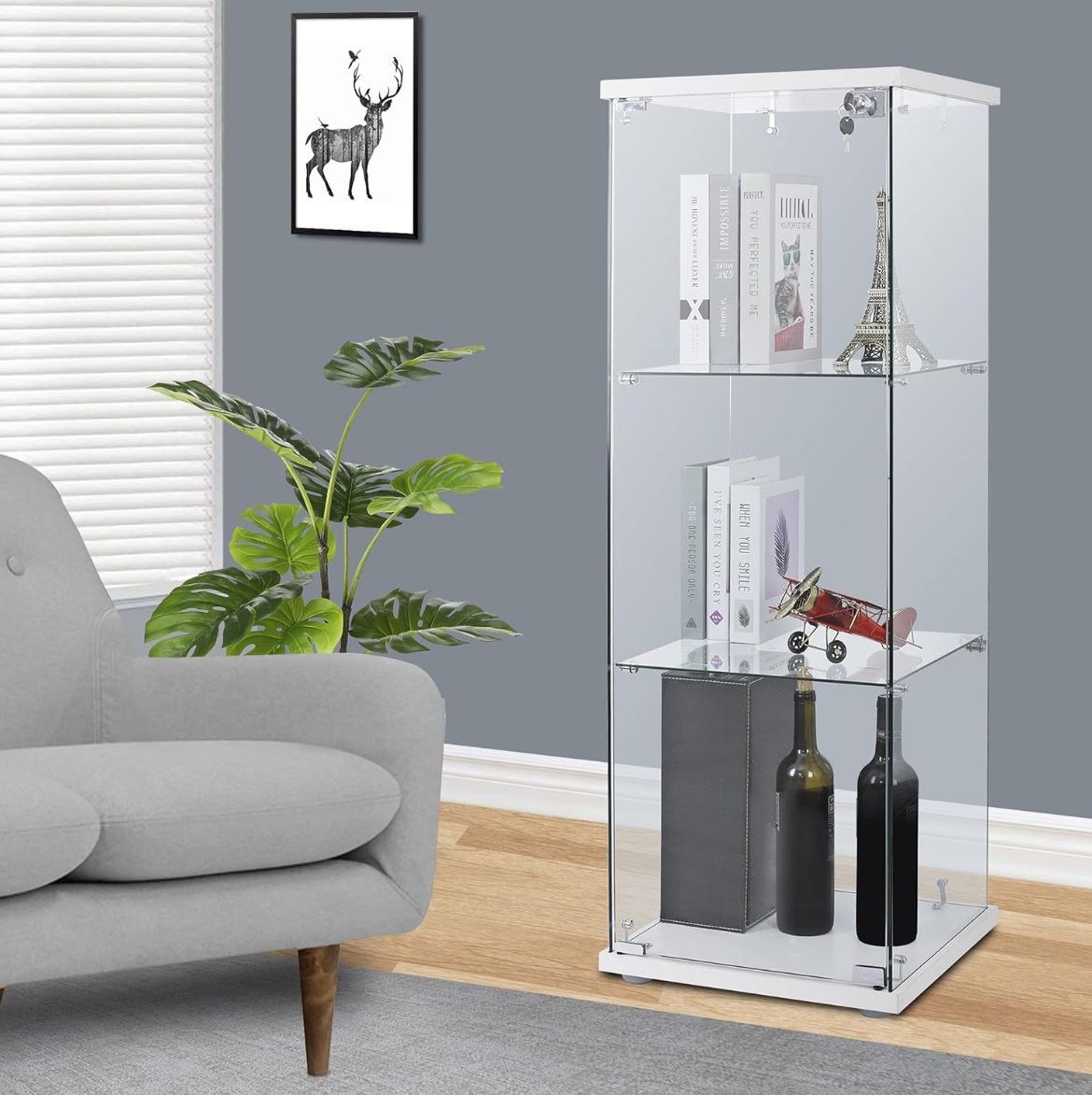 Free (2) lafuria 3-Shelf Glass Curio Cabinet Square Tower Countertop Display Show Case 15.7" W x 15.7" D x 47.5" H with 2 Keys White