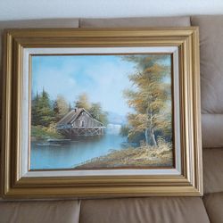 Beautiful Landscape Painting Cabin on Lake Waterfall Trees 27.5" x 23.75" wide Framed