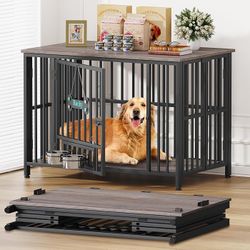  41" Dog Crate Furniture Foldable, No Assembly Decorative Dog Kennel Indoor, Dog Crates for Large Dogs(35-60 lb), Wooden Dog Cage with Adjustable Bowl