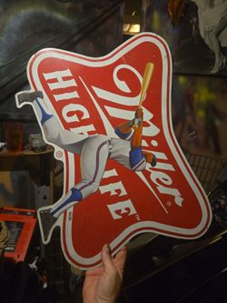 Old Miller High Life metal baseball sign over 2ft long