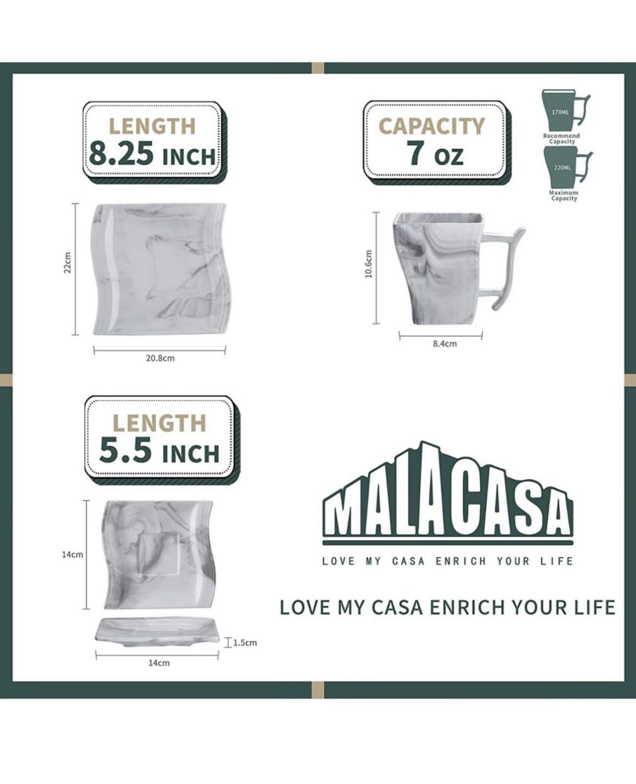 MALACASA Square Dessert Plates Cups and Saucers Set, 18 Piece