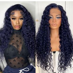 13x6 Curly Wig Blue HD Lace Front Wig Pre-Plucked Dark Blue Glueless Synthetic Deep Wave Lace Front Wigs Wear And Go Kinky Long Curly Wig