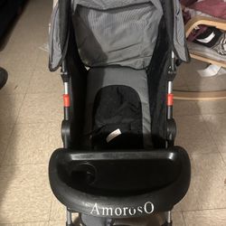 AmorosO Single Baby Stroller - Four Wheels, Lightweight, Convertible With Extra Storage Space - Foldable With Sun Protection Hood Cover (Blue) 