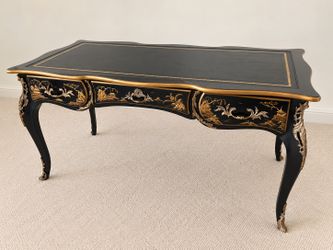 Vintage Karges Chinoiserie Writing Desk - Black & Gold Leather Top - 60"