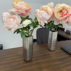Silk Flowers And 2 Vases