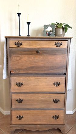 Vintage wood secretary’s chest of drawers