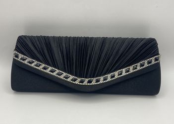 VTG Black Satin Clutch W/Rhinestones in Black & Diamond Beads/Fashion Station/Magnetic Lock /Chain 