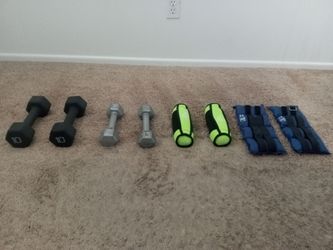 Pair of 5 and 10 lb dumbbells, 5 lb ankle weights and 5lb soft weights