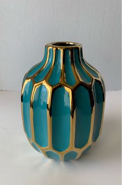 Sagebrook Home Teal Turquoise Gold Ceramic Bud Vase Modern Glam Decor 8”