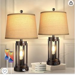 Set of 2 Table Lamps with USB Ports, 3-Way Dimmable Farmhouse Touch Bedside Lamp for Bedroom with AC Outlet, Modern ORB Nightstand Desk Lamp for Livin