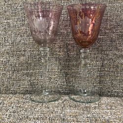 Vintage 2 wine glasses. Etched flower design.