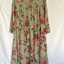 Peasant Dress Womens Size M Green Pink Floral Prairie Cottage Lightweight Cotton