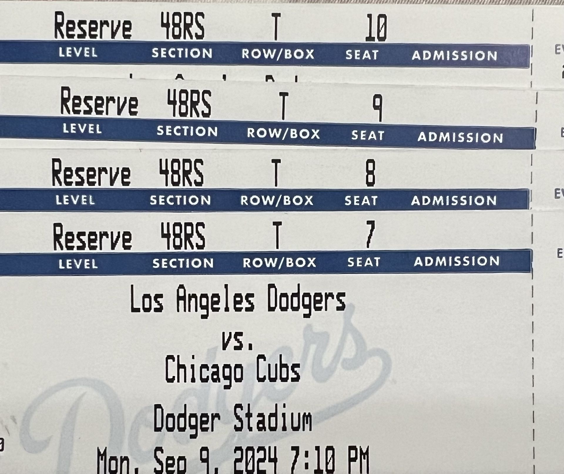 Dodgers vs. Cubs 9/9/24 48RS - $100 For 4 Tickets