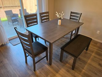 Gray Wooden Dining Table with 4 Chairs and Bench
