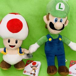 2 SET/🤎🕹️🍄🏎️🟢🔹✨NINTENDO SUPER MARIO BROS. TOAD THE MUSHROOM & LUIGI STUFFED PLUSH DOLLS