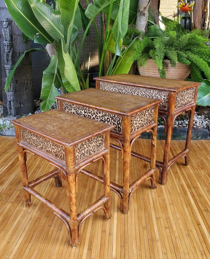 Vintage bamboo rattan nesting tables