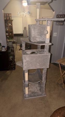 Feandrea Cat Tree, 73.2-Inch Tall Cat Tower, Plush Multi-Level Condo with 5 Scratching Posts, 2 Perches, 2 Caves, Hammock, 2 Pompoms, Light Gray