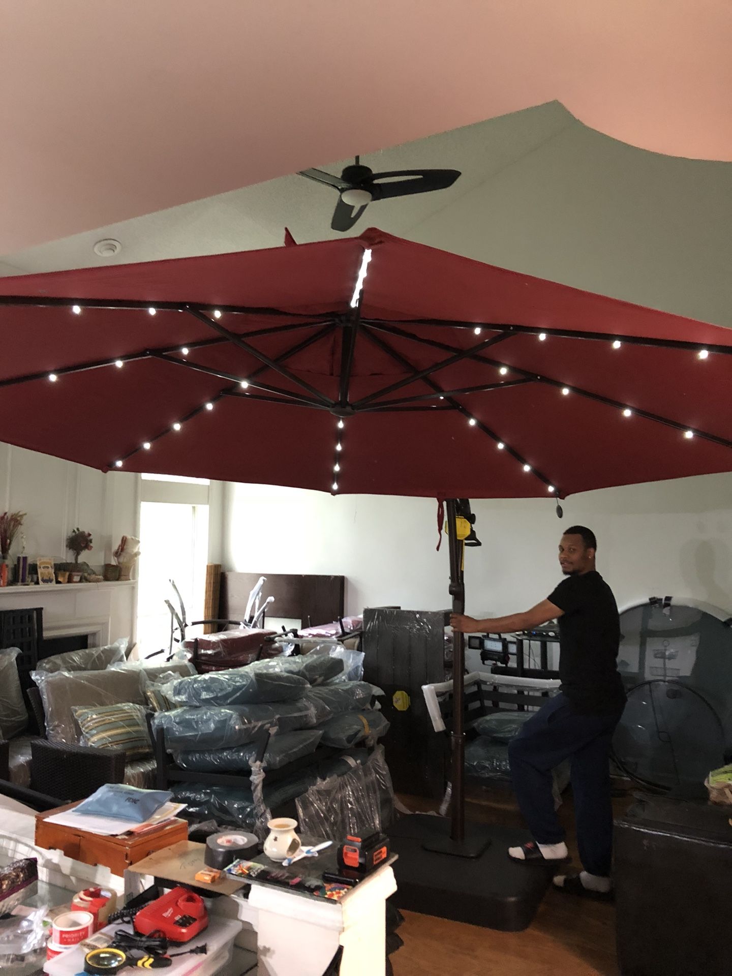 Hampton bay 11 ft LED offset solar umbrella in sunbrella henna