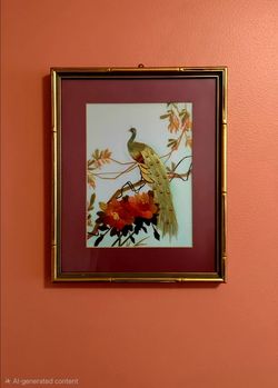 Vintage Asian Peacock& flowers Features handmade straw patchwork in Bamboo frame 9.75"×11.75"