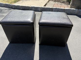 Pair of Black Faux Leather Square Storage Ottomans 11.5” square