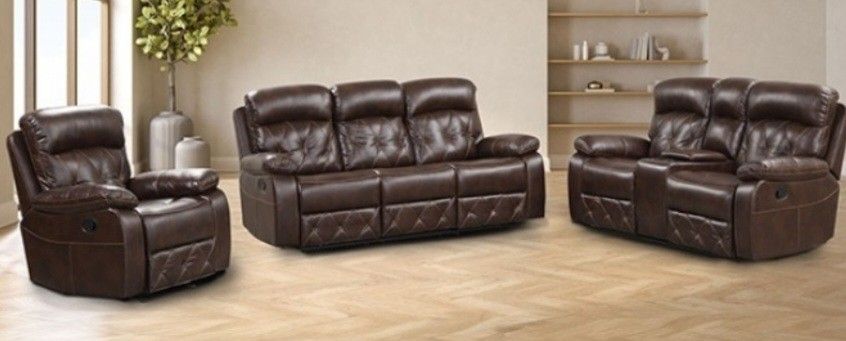 Brand New Brown Leather 3pc Reclining Sofa Set 