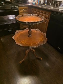 Antique Two-Tier Wood Inlay Pedestal Table Pie crust antique rare