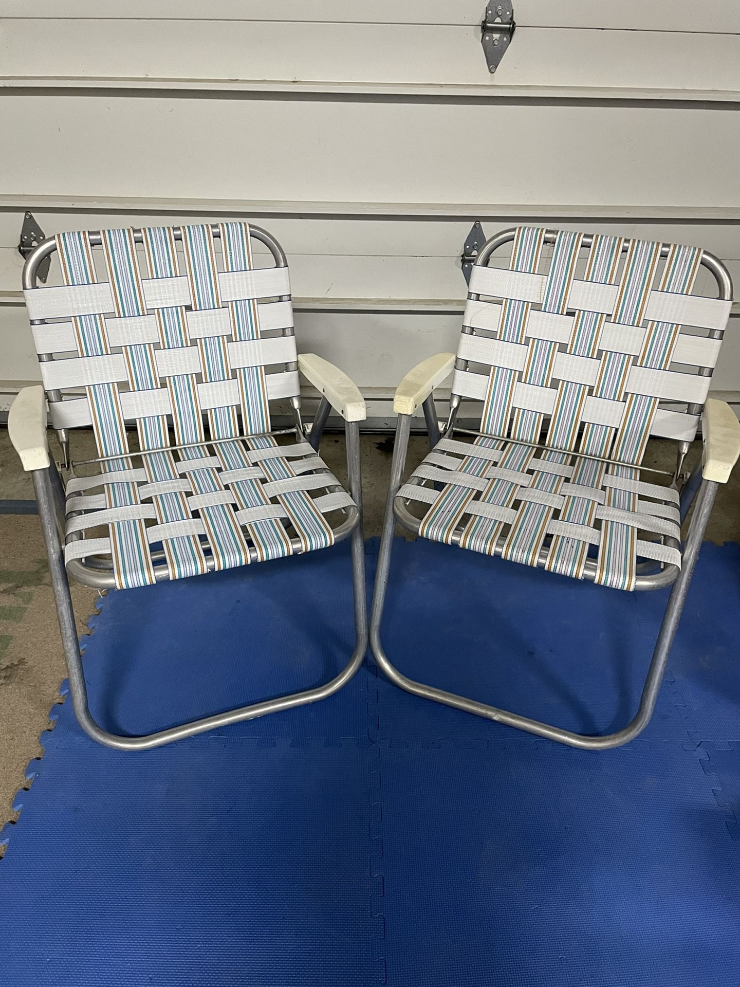 Vintage Aluminum Webbed Chairs (Pair) - White Stripes