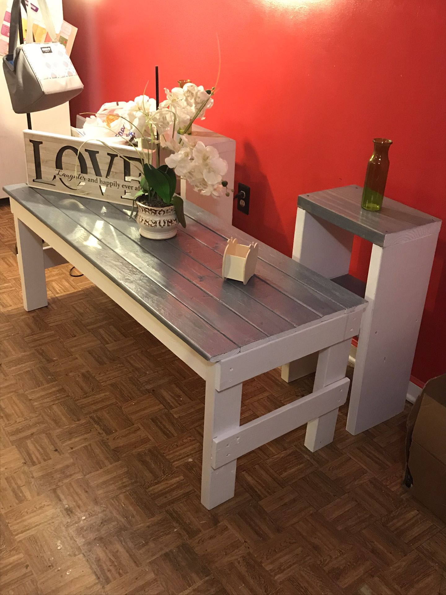 Farmhouse Style  Slate Gray Stain Top Coffee Table With Matching Side Tables