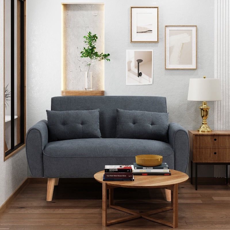 New 47 Inch Small Modern Loveseat Mid-Century Fabric, 2 Seater Sofa with Back Cushions and Tapered Wood Legs for Living Room, Bedroom and Small Space