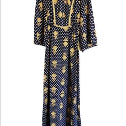 VINTAGE Riviera Robes Maxi Dress Blue With Yellow Roses "California Created" Zip-up Back and Elastic Waist 