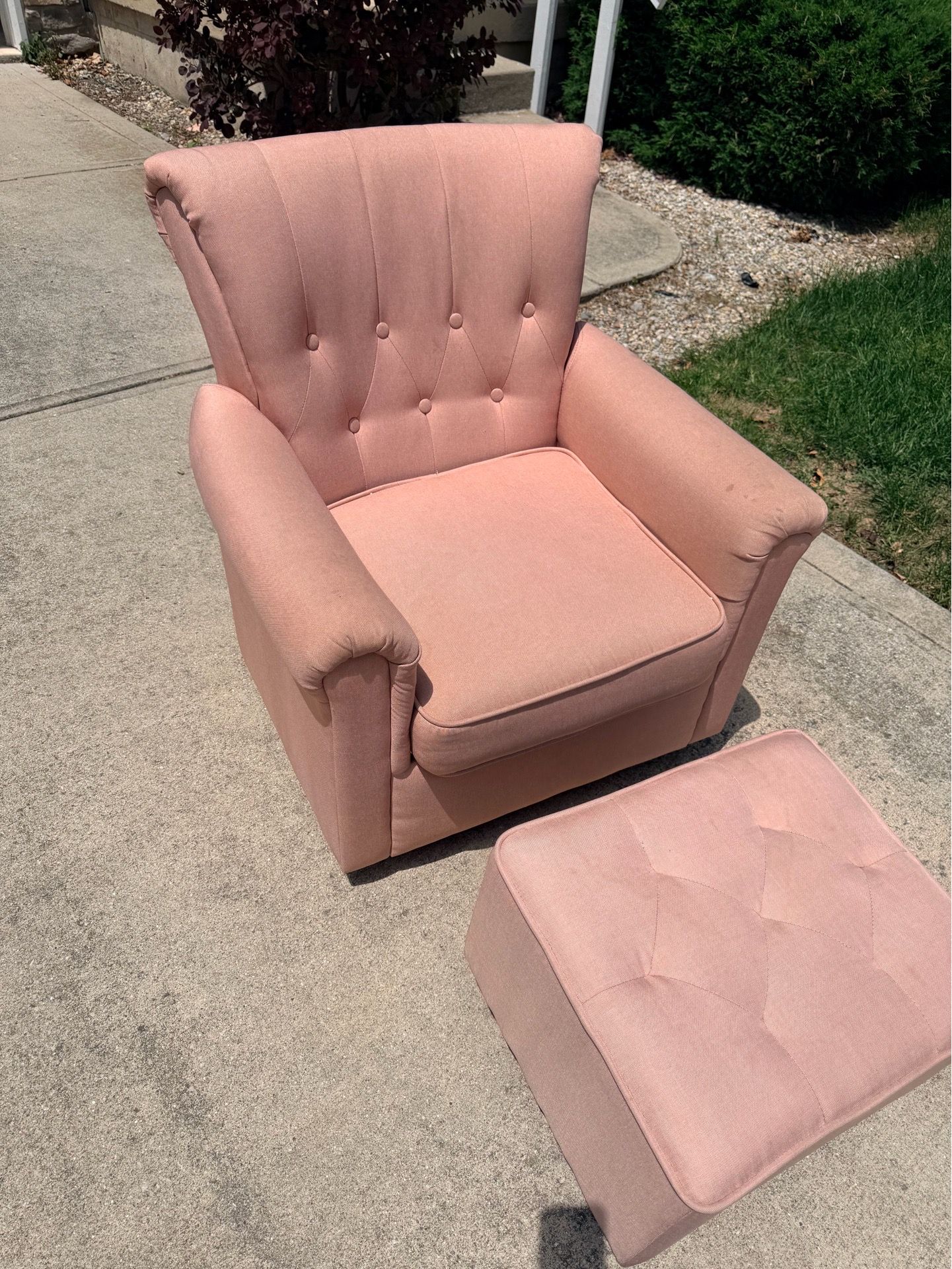 Pink Tufted Armchair with Matching Ottoman - Good Condition!