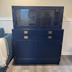 Navy Blue & Brass Hutch Sideboard with Display Cabinet