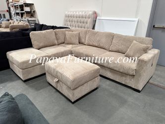 NEW Tan Soft Fabric Sectional Sofa and REVERSIBLE Left or Right Side Chaise Set FREE STORAGE OTTOMAN Brown Beige Ashley IKEA Style Big Couch Sale