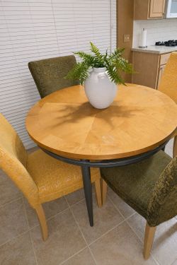 Round Wood Dining Table with 4 Upholstered Chairs – 5 Piece Set