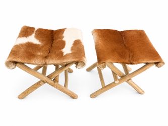 Set of 2 Cowhide Folding Wooden Stools/ Chairs