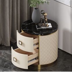 Marble Round End Table, Modern Nightstand Table with 2 Drawers, Modern Leather Side Table