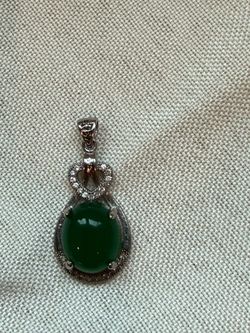 Vintage Green Cabochon Pendant Necklace Charm – Silver Tone with Clear Accent Stones